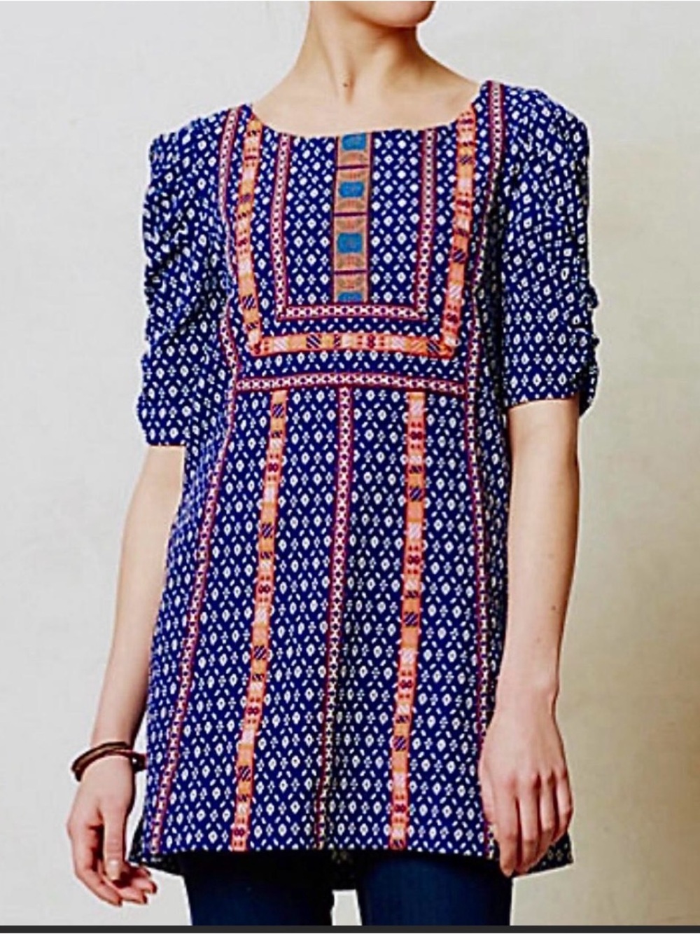 Anthropologie Akemi + Kin Seva Embroidered Boho Tunic Top Navy Blue Size S